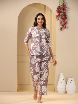 Lilac Cotton Printed Night Suit Set With Pajama