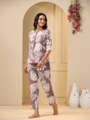 Lilac Cotton Printed Night Suit Set With Pajama