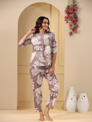 Lilac Cotton Printed Night Suit Set With Pajama