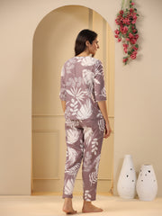 Lilac Cotton Printed Night Suit Set With Pajama