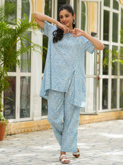 Blue Checks Loose Fit Printed Pure Cotton Night Suit Set