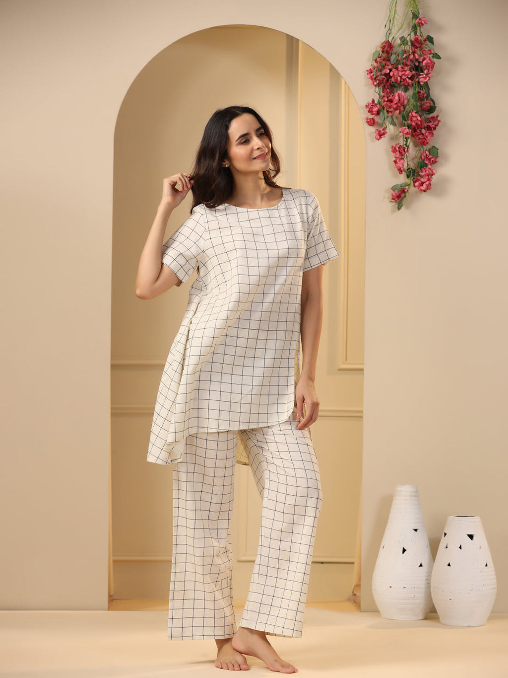 Off-White Checks Printed Pure Cotton Night Suit Set