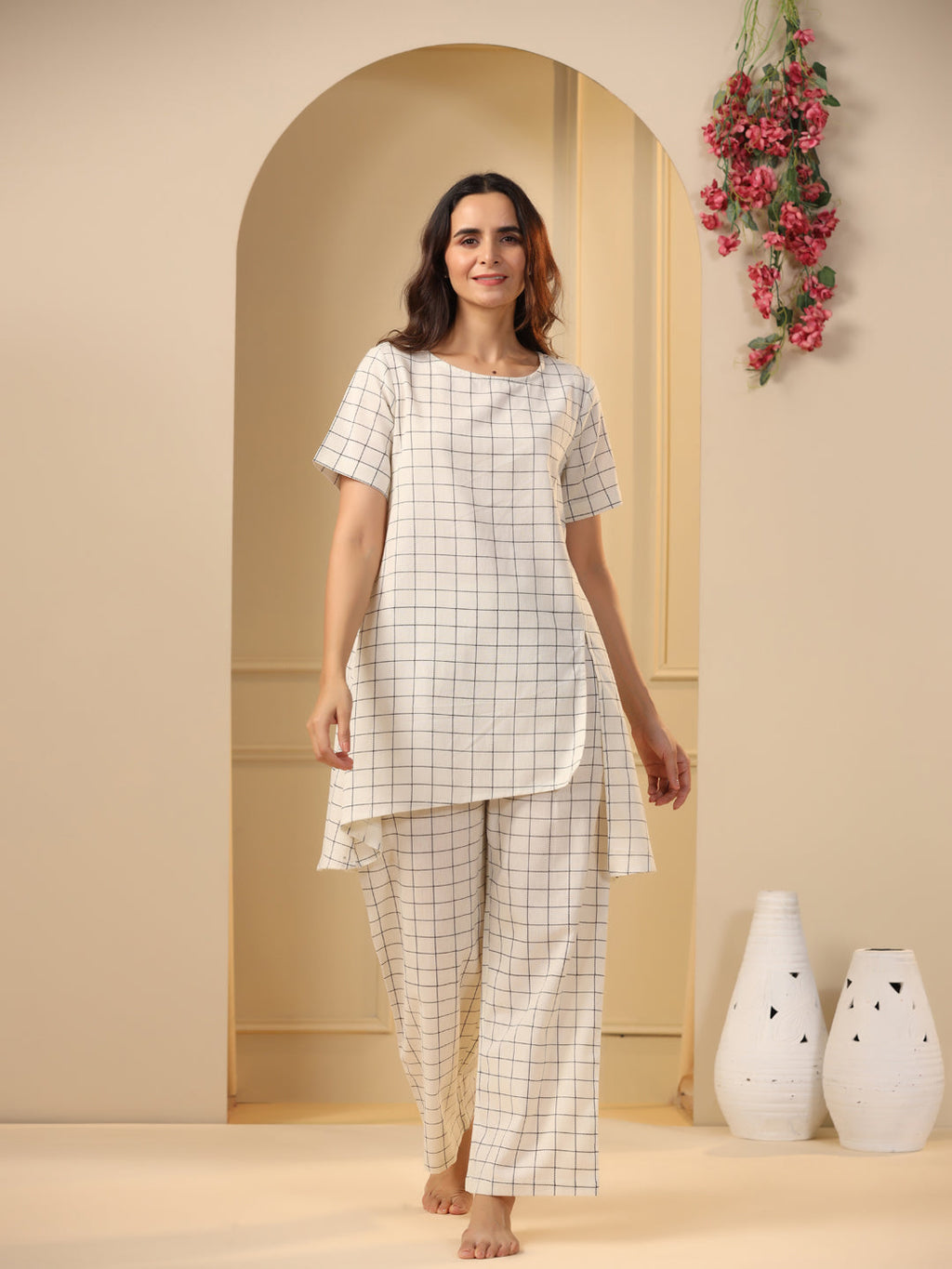 Off-White Checks Printed Pure Cotton Night Suit Set