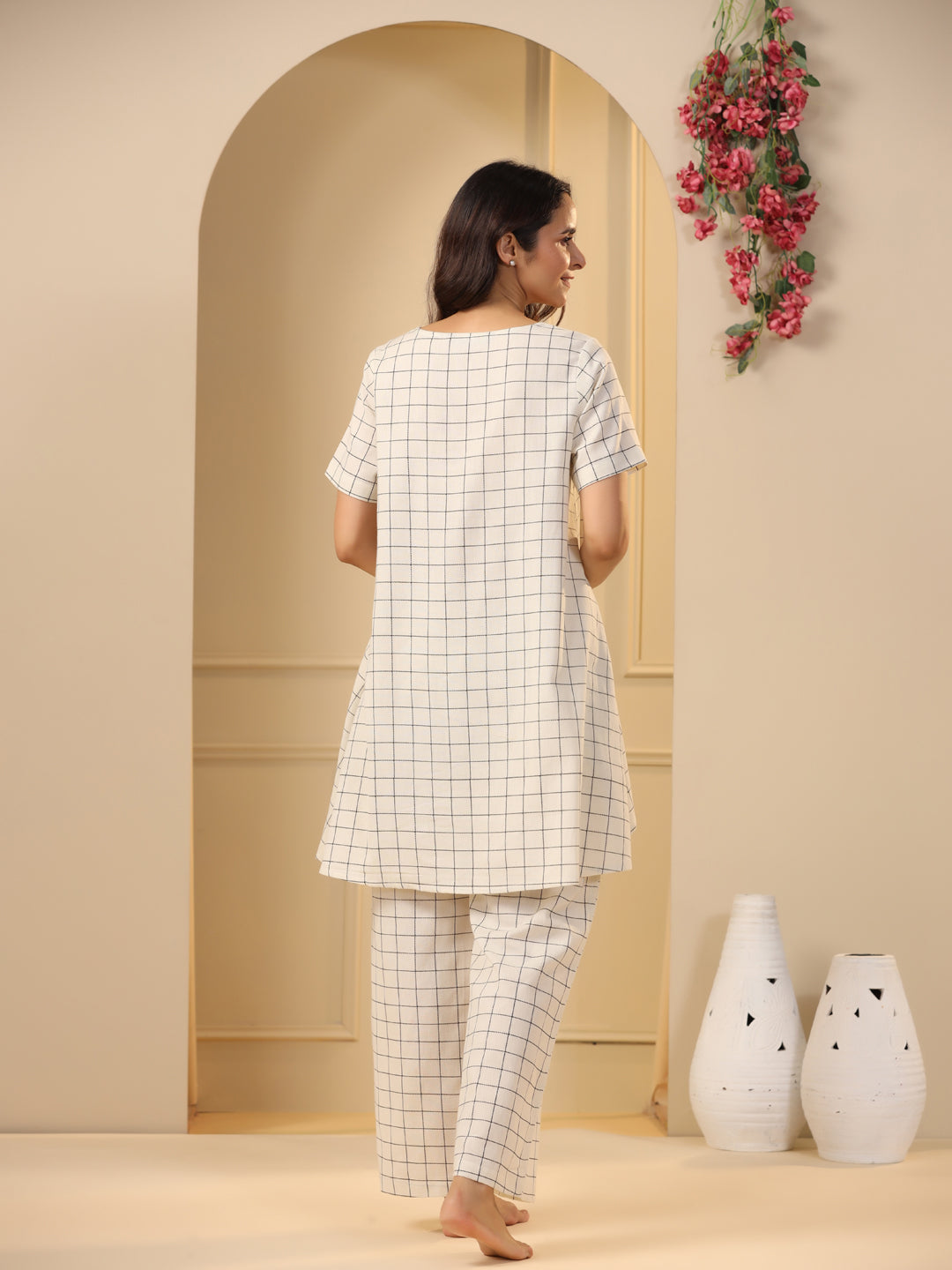 Off-White Checks Printed Pure Cotton Night Suit Set