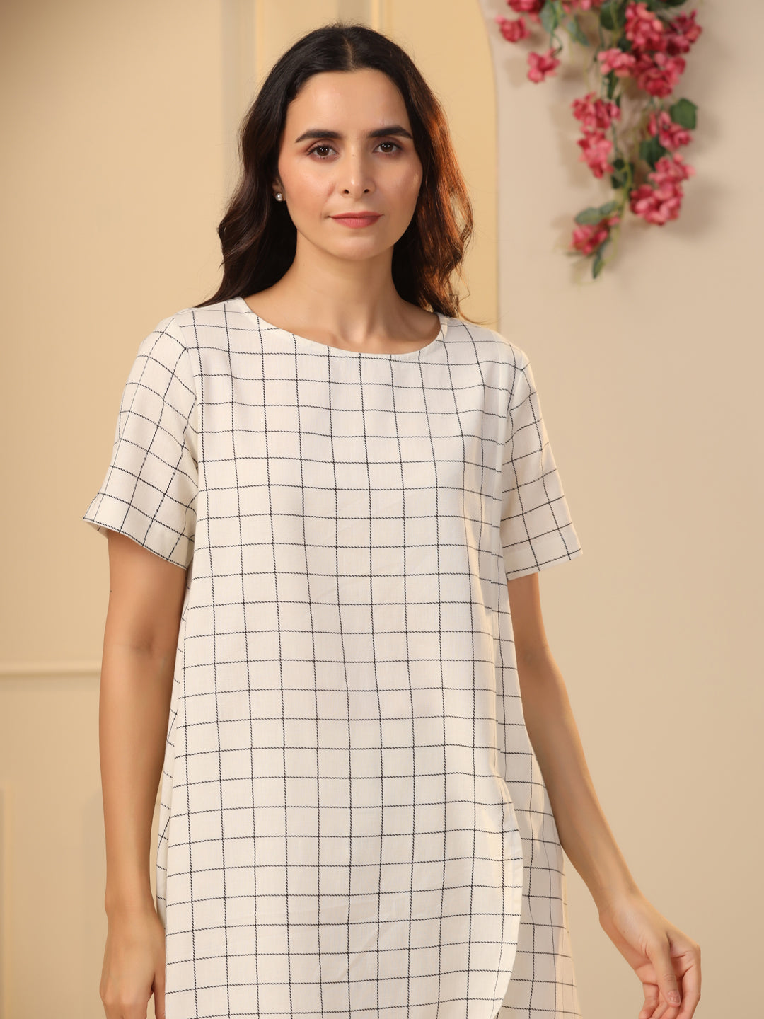 Off-White Checks Printed Pure Cotton Night Suit Set