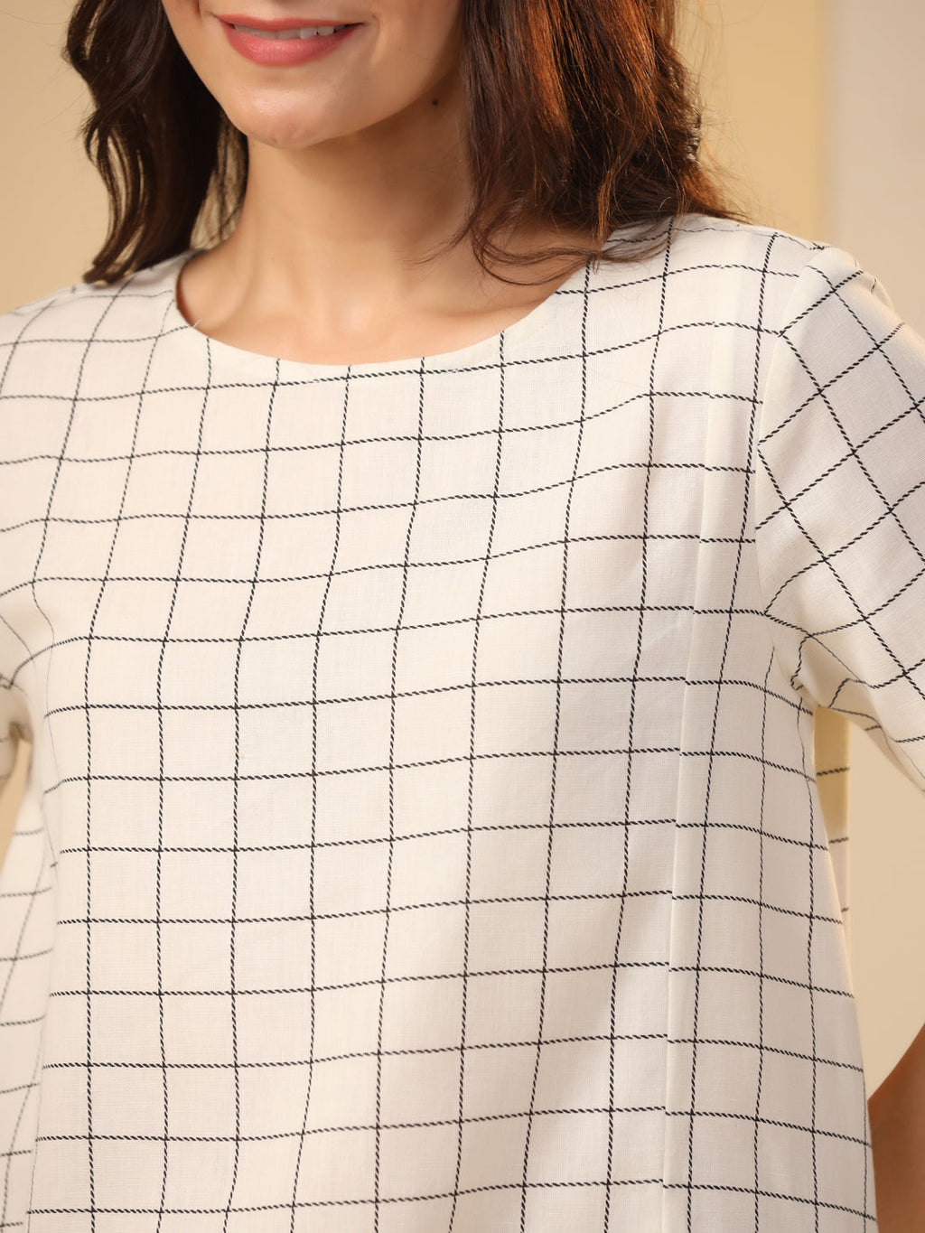 Off-White Checks Printed Pure Cotton Night Suit Set