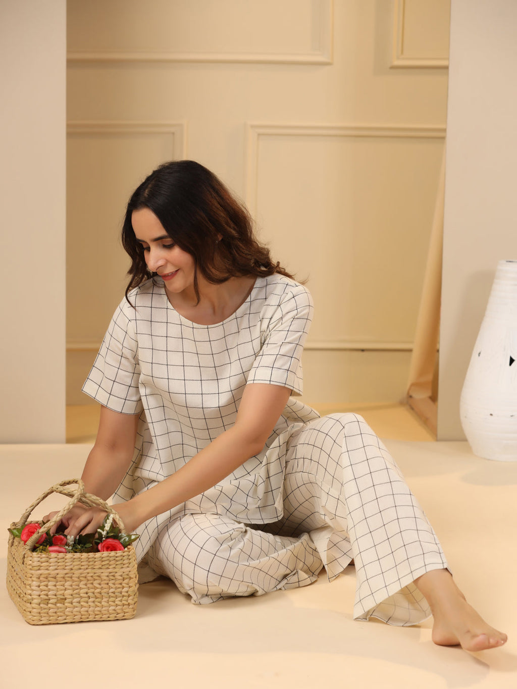 Off-White Checks Printed Pure Cotton Night Suit Set