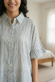Grey Stripes Print Shirt Collar With Short Sleeve Pure Cotton Night Suit For Women