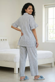 Grey Stripes Print Shirt Collar With Short Sleeve Pure Cotton Night Suit For Women