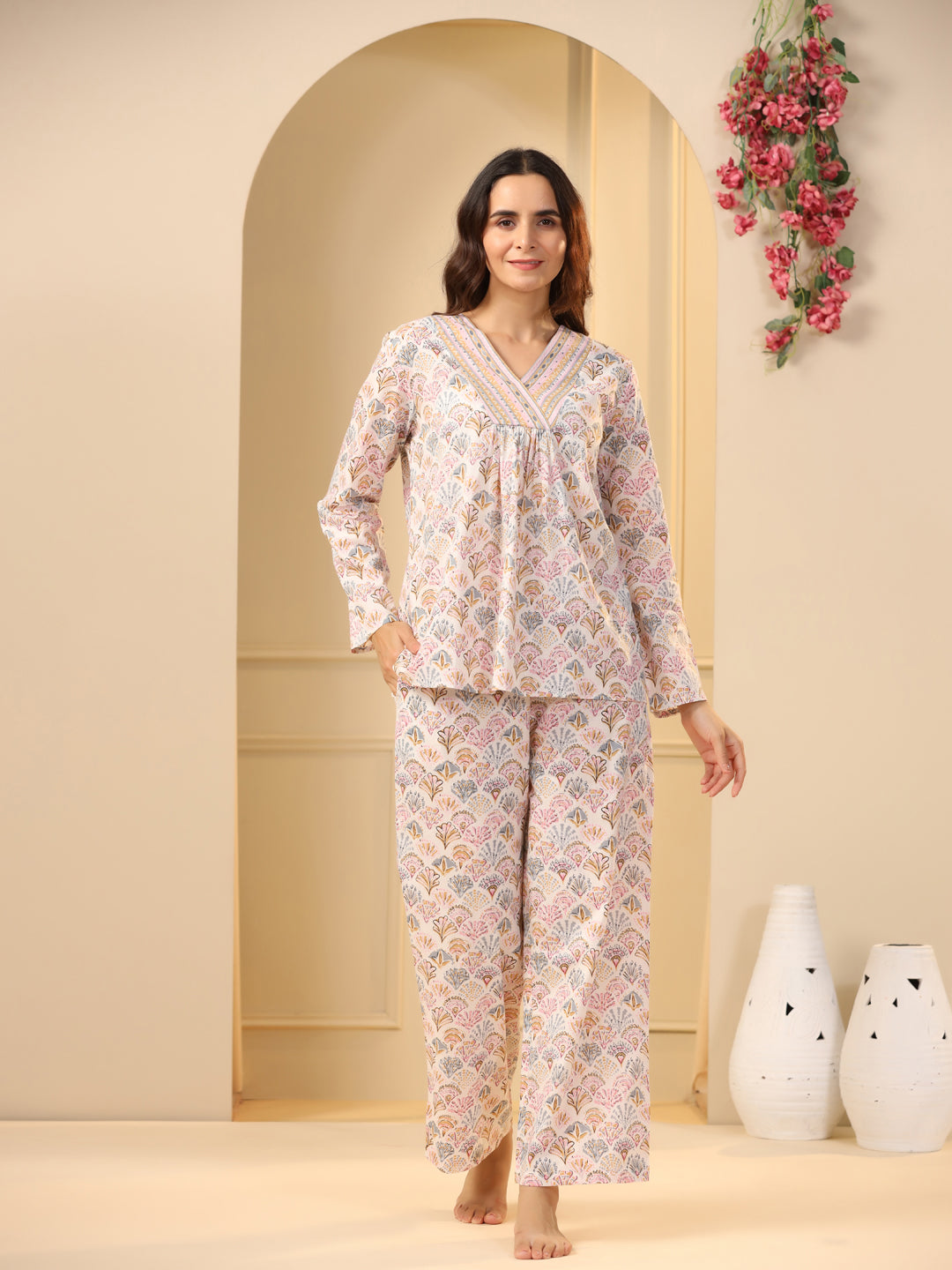 Off -White  Printed Pure Cotton Night Suit Set