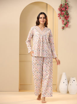 Off -White  Printed Pure Cotton Night Suit Set