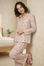 Off White & Pink V-Neck Ethnic Motifs Printed Pure Cotton Night Suit For Women
