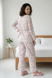 Off White & Pink V-Neck Ethnic Motifs Printed Pure Cotton Night Suit For Women
