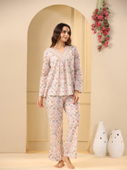 Off -White  Printed Pure Cotton Night Suit Set