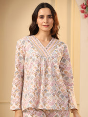 Off -White  Printed Pure Cotton Night Suit Set