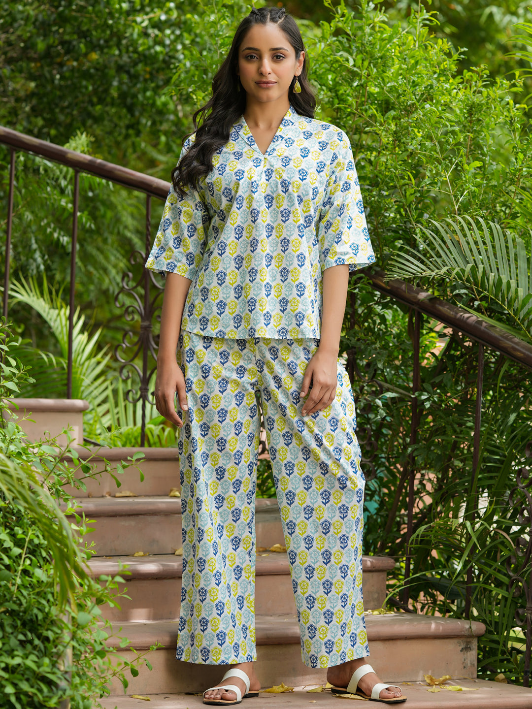Off -White Ethnic Motif Print V-Neck Pure Cotton Night Suit For Women