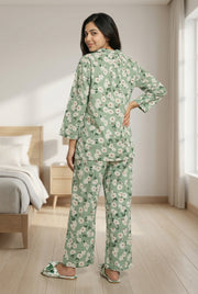 Green & White Floral Print Shirt Collar Pure Cotton Night Suit For Women