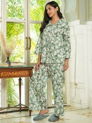 Green Floral Printed Cotton Night Suit Set