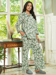 Green Floral Printed Cotton Night Suit Set