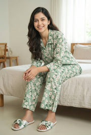 Green & White Floral Print Shirt Collar Pure Cotton Night Suit For Women