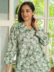 Green Floral Printed Cotton Night Suit Set