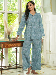 Blue & White Floral LOOSE FIT Printed Cotton Night Suit Set
