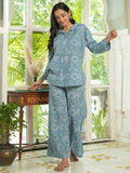 Blue & White Floral LOOSE FIT Printed Cotton Night Suit Set
