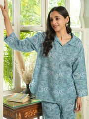 Blue & White Floral LOOSE FIT Printed Cotton Night Suit Set