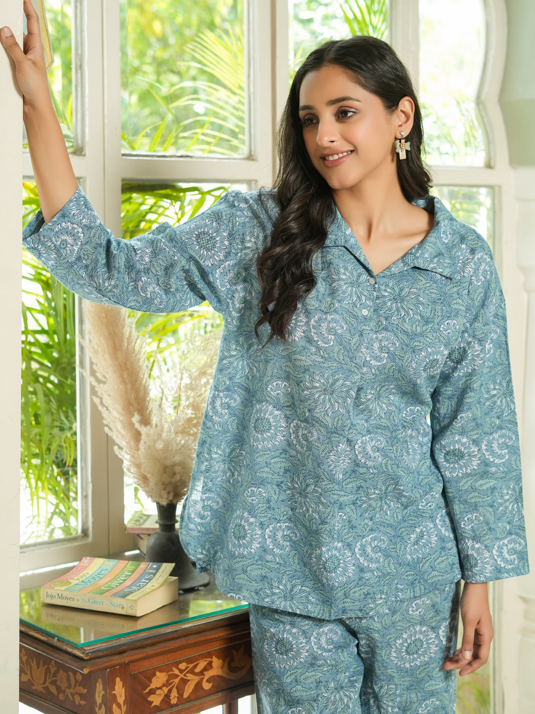 Blue & White Floral LOOSE FIT Printed Cotton Night Suit Set