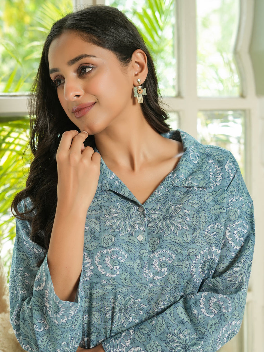 Blue & White Floral LOOSE FIT Printed Cotton Night Suit Set