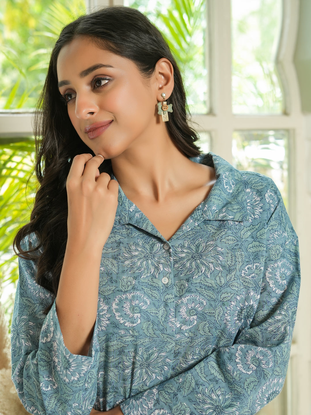 Blue & White Floral LOOSE FIT Printed Cotton Night Suit Set