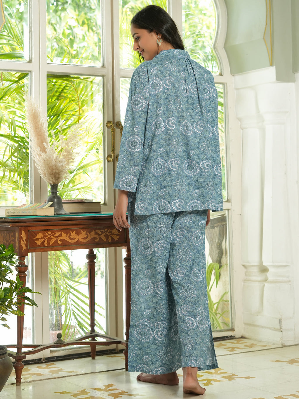 Blue & White Floral LOOSE FIT Printed Cotton Night Suit Set