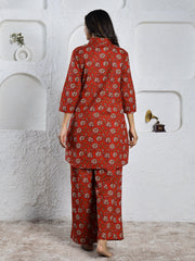 Red  Printed Pure Cotton Night Suit Set For Women