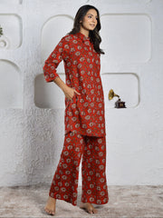 Red  Printed Pure Cotton Night Suit Set For Women