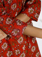 Red  Printed Pure Cotton Night Suit Set For Women