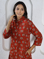 Red  Printed Pure Cotton Night Suit Set For Women
