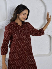 Merlot Hexagon Printed Pure Cotton Night Suit For Women