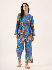 Multicolour Floral Printed Round Neck Pure Cotton Pyjama Night Suit For Women