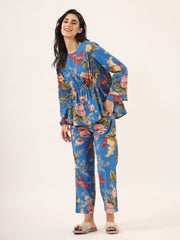 Multicolour Floral Printed Round Neck Pure Cotton Pyjama Night Suit For Women