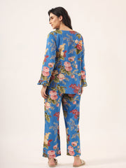 Multicolour Floral Printed Round Neck Pure Cotton Pyjama Night Suit For Women