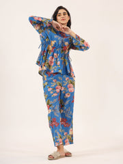 Multicolour Floral Printed Round Neck Pure Cotton Pyjama Night Suit For Women