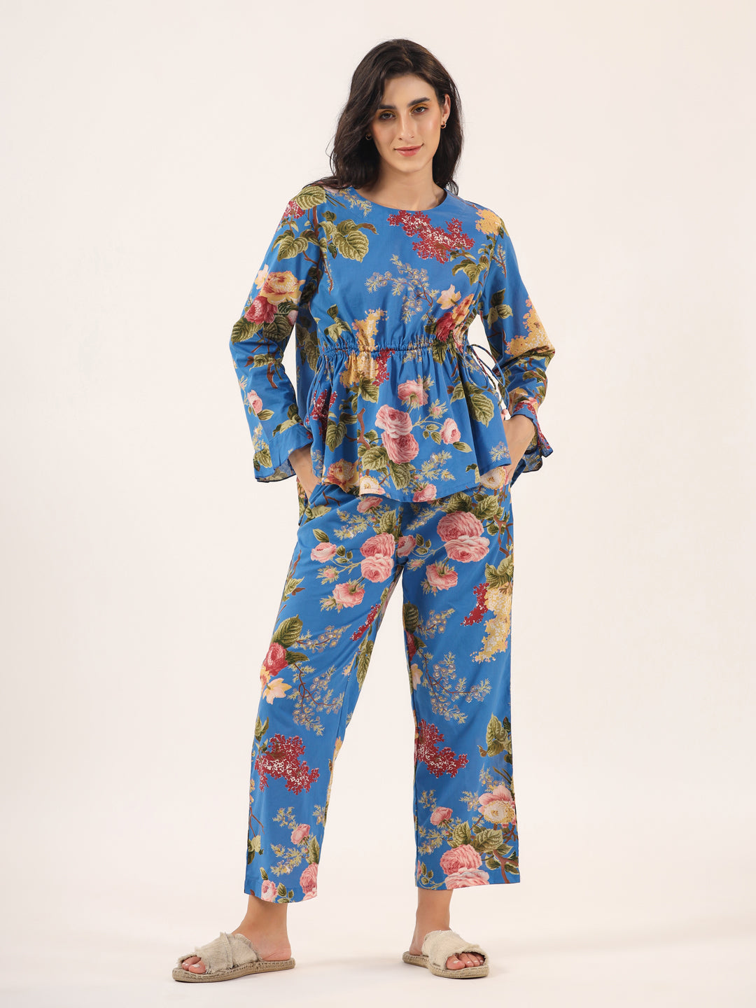 Multicolour Floral Printed Round Neck Pure Cotton Pyjama Night Suit For Women