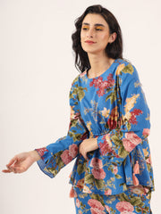 Multicolour Floral Printed Round Neck Pure Cotton Pyjama Night Suit For Women
