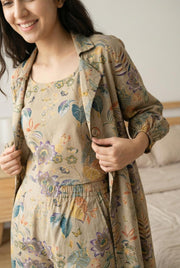 Beige Floral Print Three Piece Pure Cotton Night Suit Set for Women