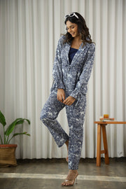 Navy Blue Floral Print Lapel Collar Pure Cotton Night Suit for Women