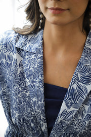 Navy Blue Floral Print Lapel Collar Pure Cotton Night Suit for Women