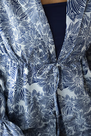 Navy Blue Floral Print Lapel Collar Pure Cotton Night Suit for Women