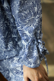 Navy Blue Floral Print Lapel Collar Pure Cotton Night Suit for Women