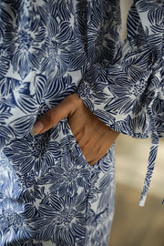 Navy Blue Floral Print Lapel Collar Pure Cotton Night Suit for Women