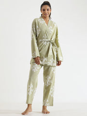 Green Leaf Print V-Neck Cotton Night Suit For Women